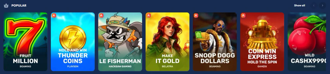 Galleon Casino popular slot games including Fruit Million, Thunder Coins, Le Fisherman and Snoop Dogg Dollars